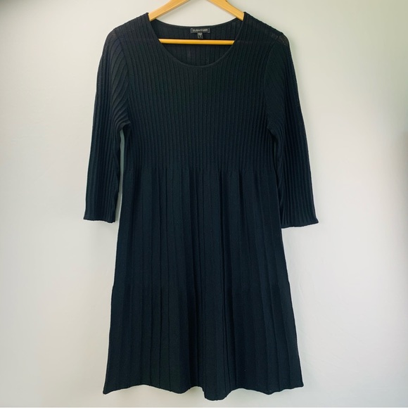 Eileen Fisher Wool Scoop Neck Pleated Ribbed Fit Flare 7/8 Sleeve Dress Black - Picture 10 of 11